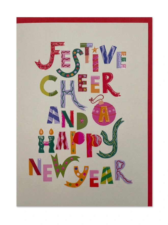 ‘Festive Cheer and a Happy New Year’ Colourful & Playful Type Luxury Christmas Card | Raspberry Blossom