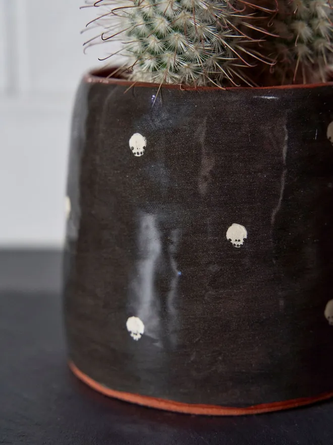 Black Earthenware Polkadot Skulls Plant Pot