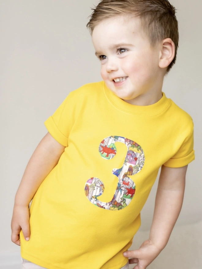a 3 year old birthday boy wearing a yellow t-shirt with a number 3 in a liberty dinosaur print on front
