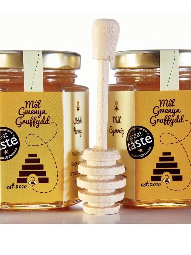 Welsh Honey Gift Set & Wooden Honey Dipper Twin Pack, 227g