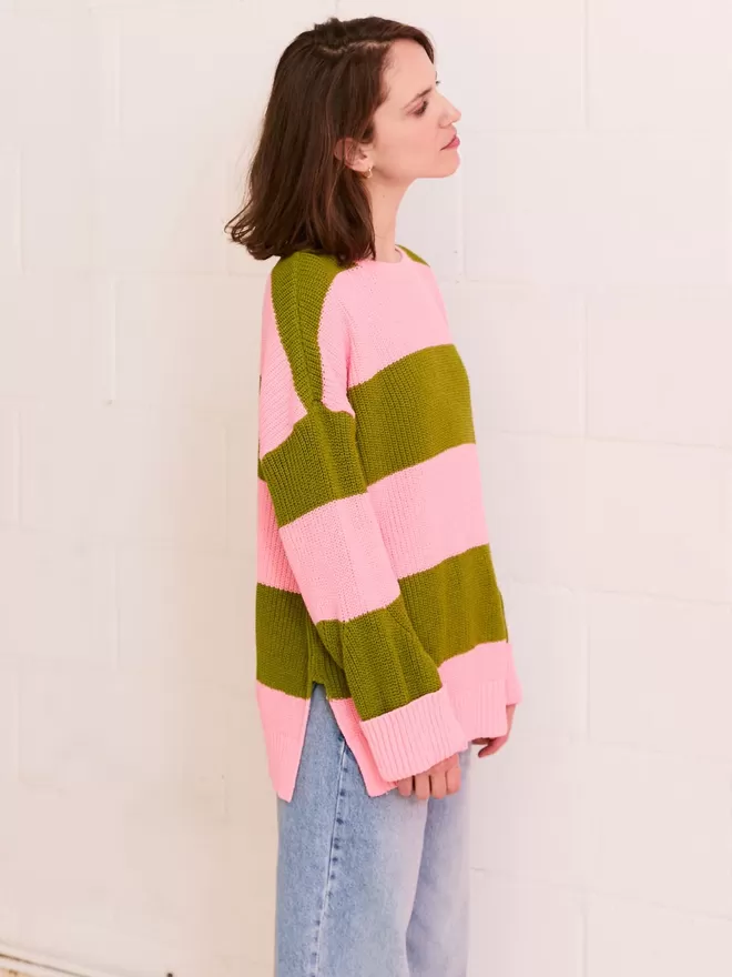 Rhiannon Recycled Cotton Mix Chunky Stripe Jumper - Pink - Side
