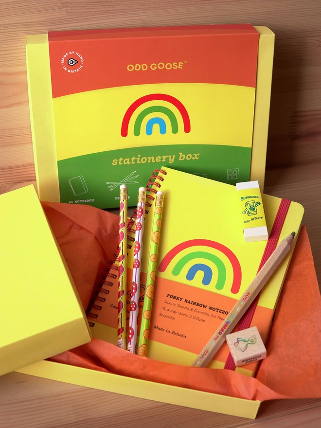 Rainbow Stationery Box, with Notebook, Pencils, Jumbo Multicolour Pencil, Sharpener, Eraser