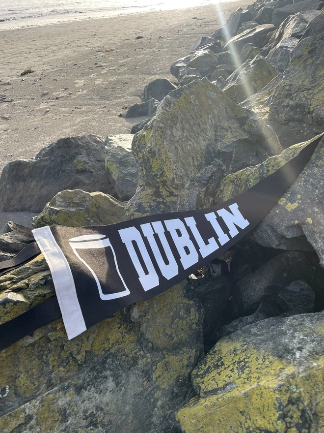 a felt pennant flag black and white, it has the word DUBLIN written in the varsity style and a pint of Guiness next to it