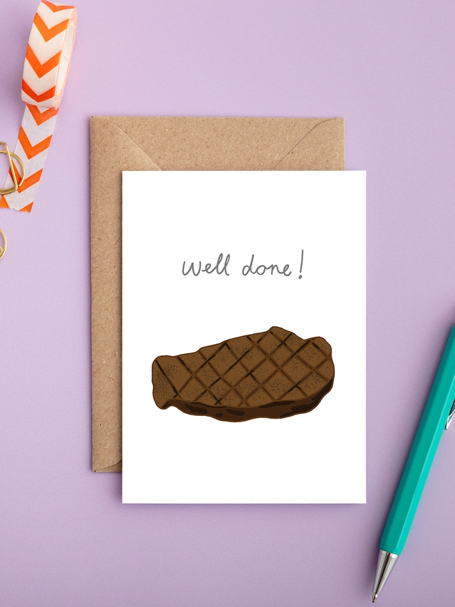A funny congratulations card featuring a well done steak