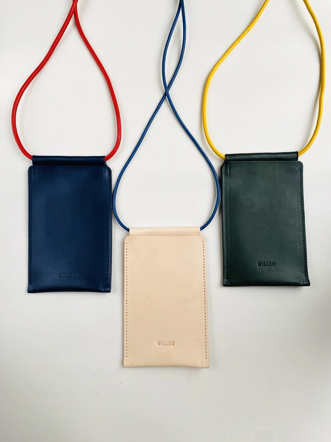 Leather phone bag with colourful strap