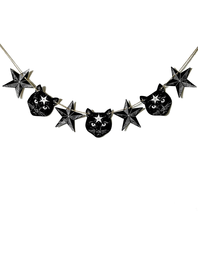 Black Cat & Stars Garland.7 Hand Printed components in black ink.