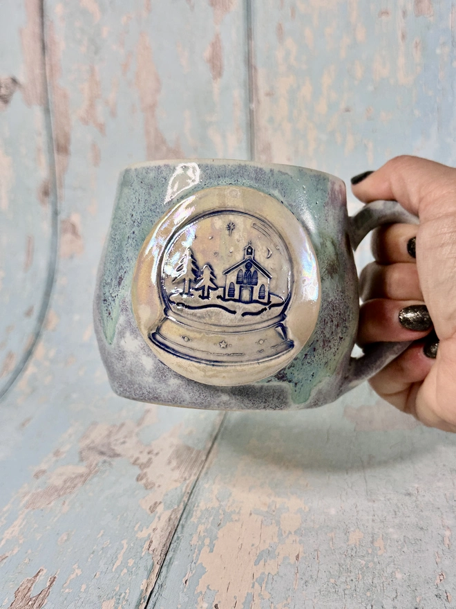 Green and Purple Christmas Snow Globe Mug