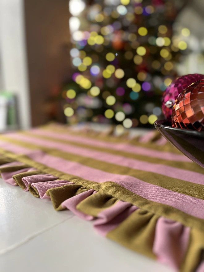 pink and olive stripe ruffled table runner 