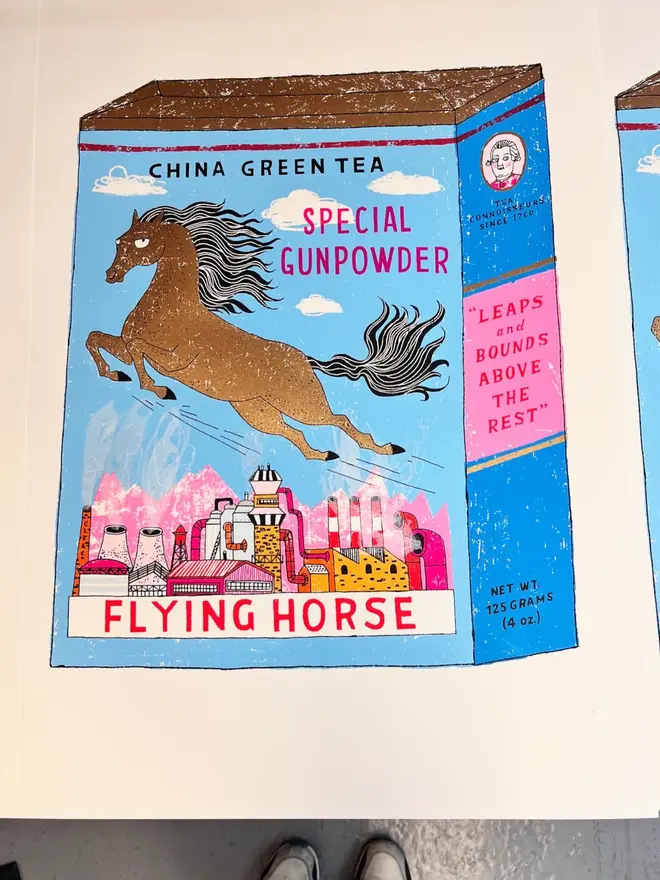 Flying Horse Screenprint 'One Giant Leap', a colourful green tea design in the centre of a white screenprint. 