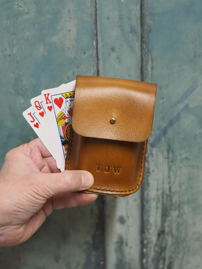 hand dyed tan brown leather playing card holder