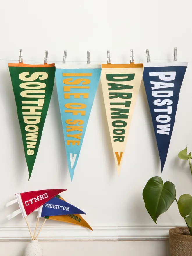 Custom location pennant flags hanging up against a white wall