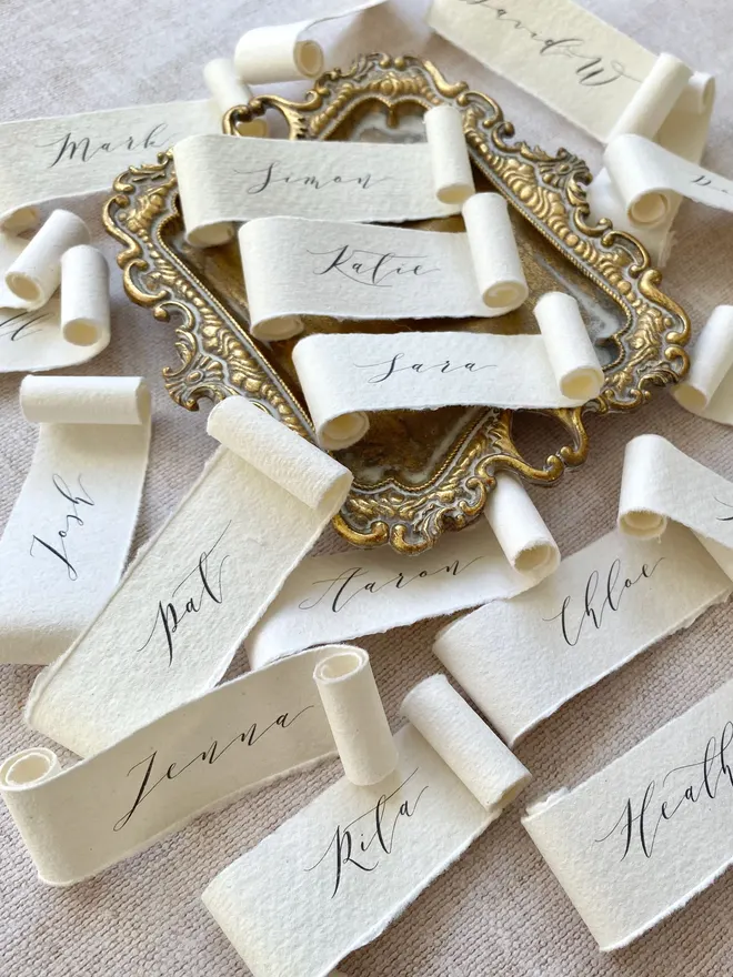 Handmade paper scroll place names with a calligraphy font