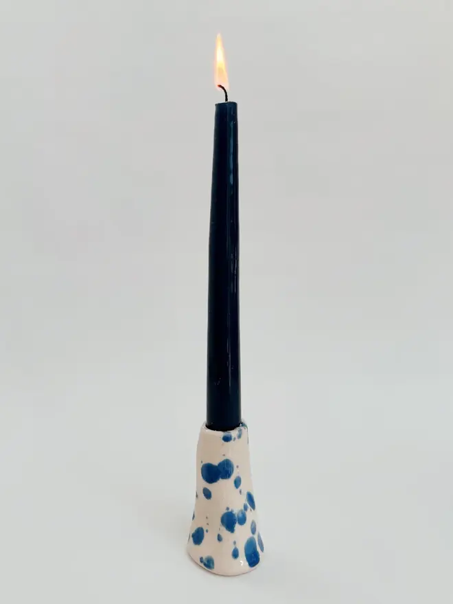 blue speckle wonky ceramic candlestick holder