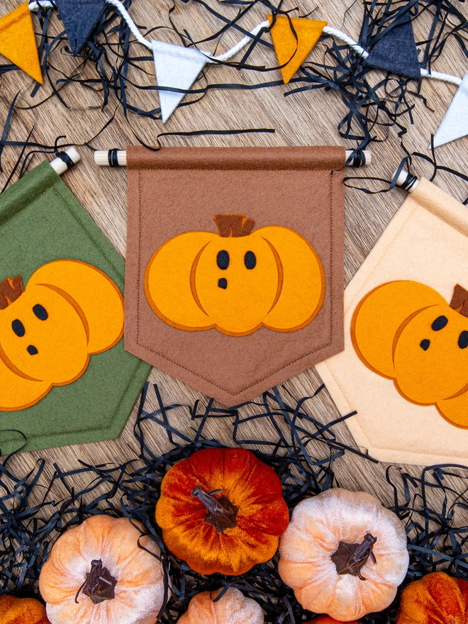 Cute halloween pumpkin banners made from felt. The pumpkins have large eyes and a startled expression. The banners are made from felt and are shown in Mossy green, Brown and Pale peach.