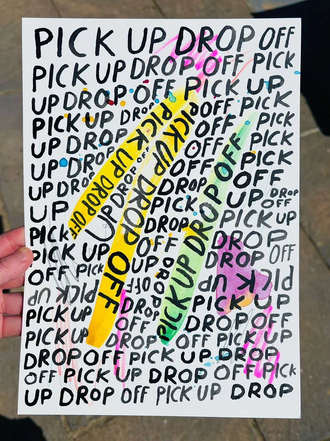 Pick Up Drop Off original artwork in ink, watercolour and pencil, by Chloe Lawson