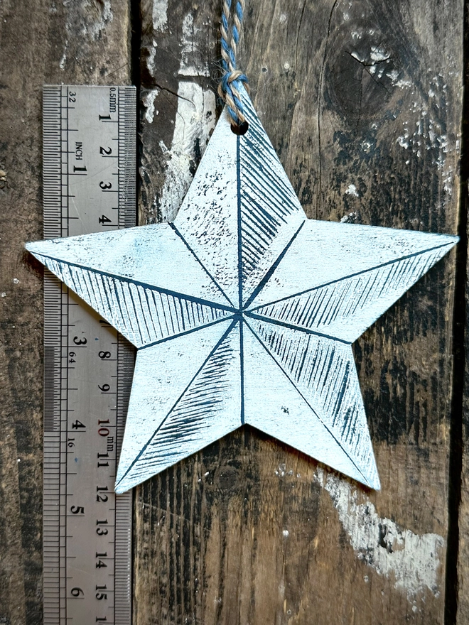 Nordic Christmas Star Wooden Decoration Hand Printed Linocut