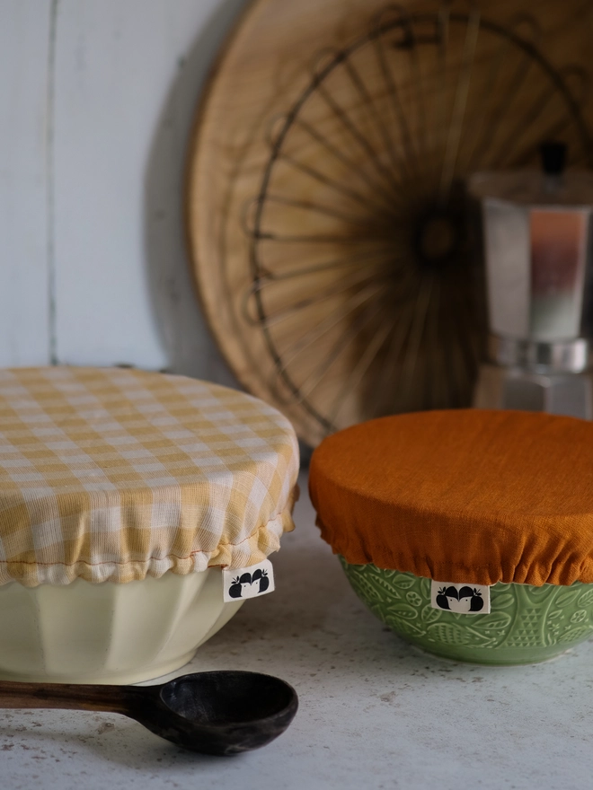 Reusable linen bowl covers cottagecore style in gingham