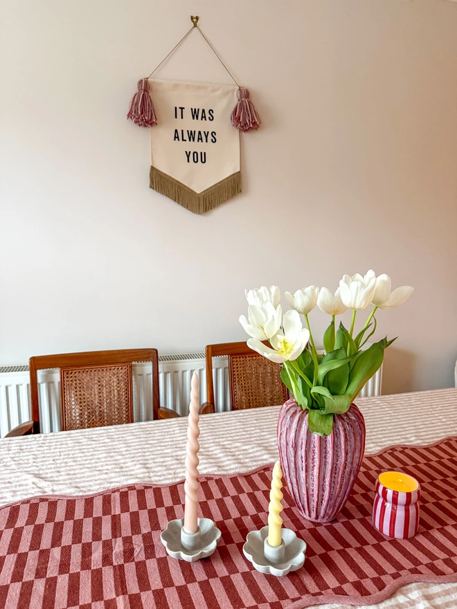 It Was Always You Valentines fabric banner with pink tassels and gold bullion fringe trim