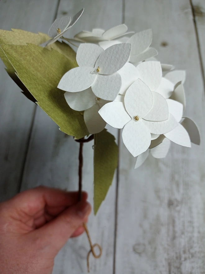 side view of white hydrangea handmade flower