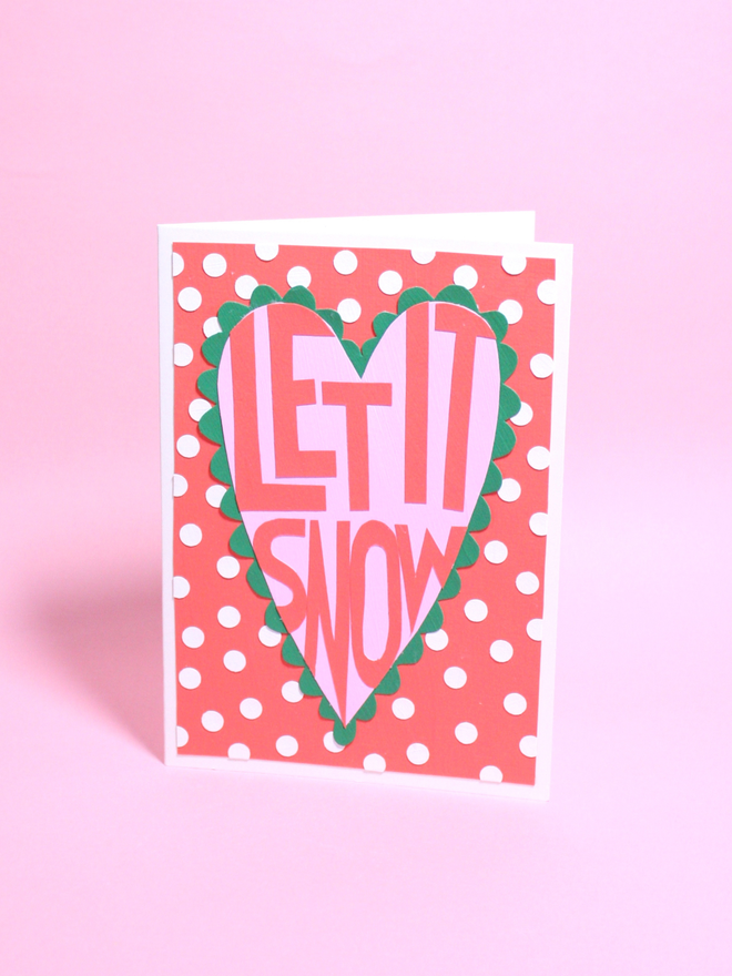 Collaged Christmas Card Let it Snow Red, Pink and Green