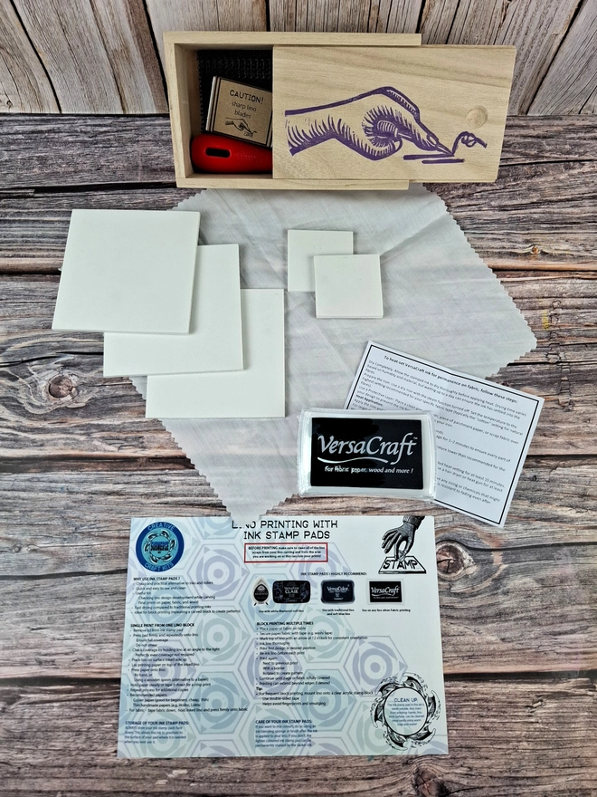 Lino carving and printing on fabric kit using versacraft ink stamp pads
