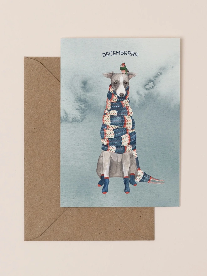 cold whippet in scarf christmas card