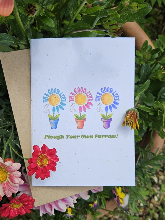 A white seed card with an illustration of  3 colourful flowers each in a terracotta pot displayed in a row with a white bird. The Good Life is written using a retro style font in 3 colours. It says at the bottom of the card Plough Your Own Furrow!