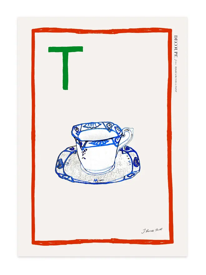 signed a-z alphabet prints. tea print with the letter 't' in the corner.