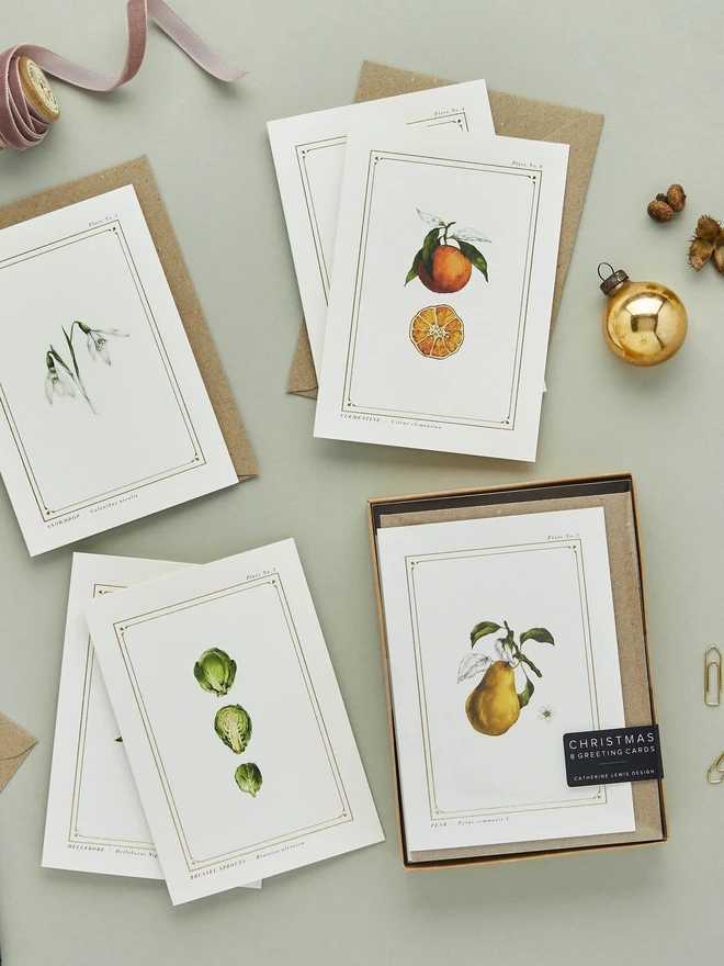 Botanical elements on a greeting card with gold details, with a box of 8