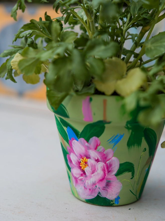 Hand-painted interior terracotta plant pot, featuring a green background adorned with delicate pink peony flowers in an outdoor setting