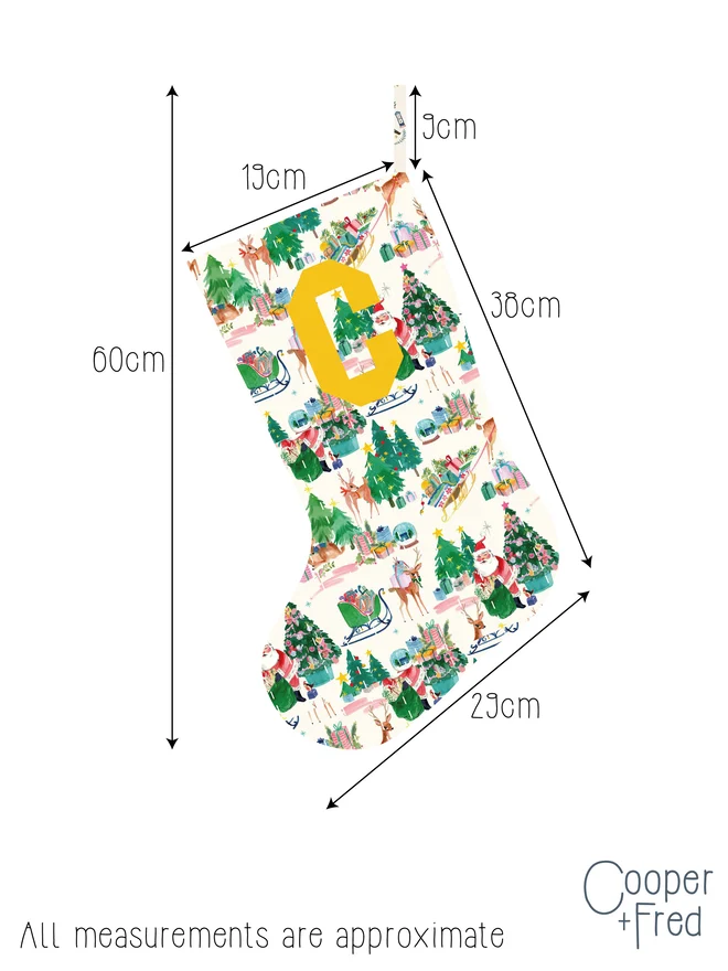 Cooper and Fred Personalised Quilted Christmas Stocking in a Christmas Scene print with measurements