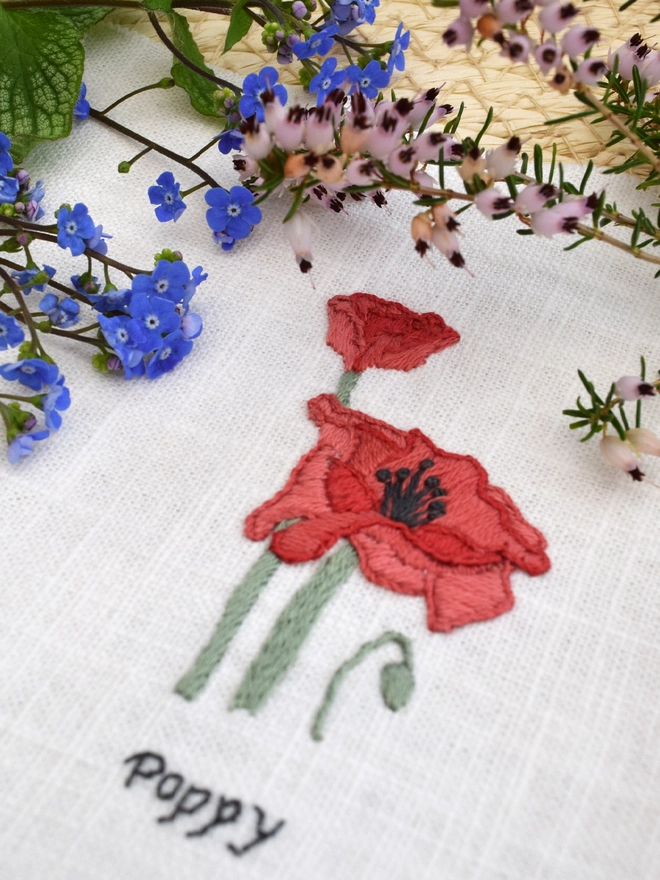 Floral Botanical embroidery kit of Poppy or Palaver Rhoeas a symbol for August and 9th wedding anniversary.  Meaning Ephemeral charms, Sleep, Enchantment, Imagination and Remembrance. 