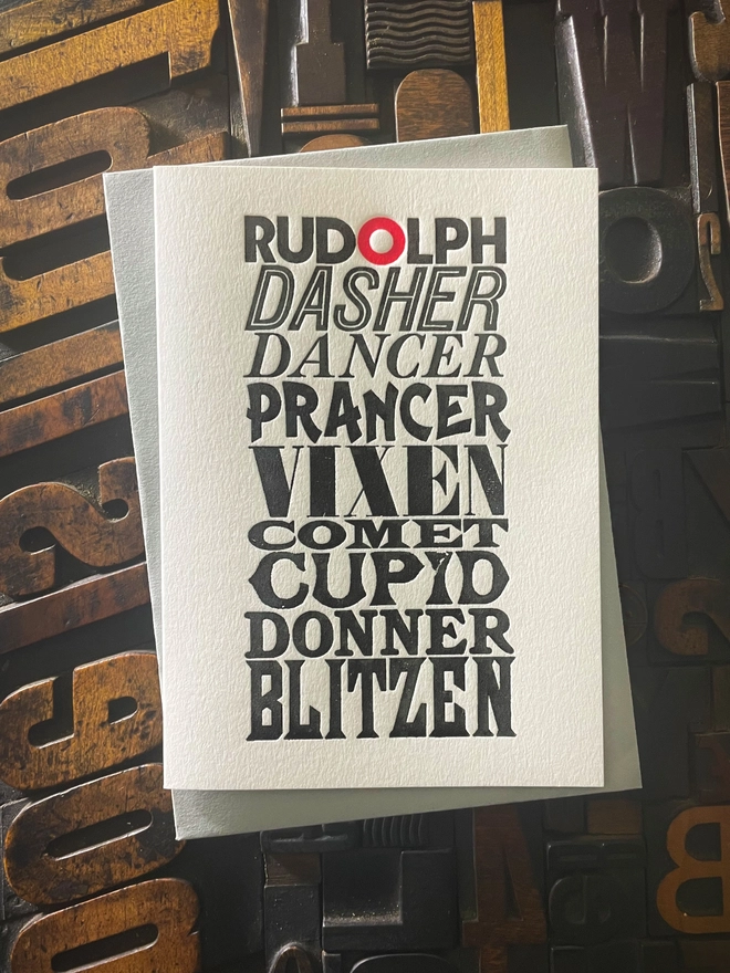 Nine reindeer. Nine typefaces. One magical flight. A typographic tribute to Santa’s reindeer, printed with care in classic letterpress tradition. XMAS For all you typographers out there, A pack of these beautiful typographic letterpress Christmas cards. Printed with rich inks with luxury matching and contrasting envelopes; ideal to send to your designer friends at the festive season. Hand printed on "Mary"; my vintage treadle Arab platen. 