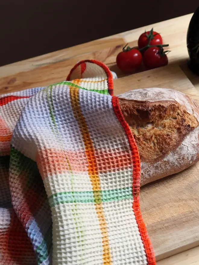 Check Waffle Tea towel, covering bread. 