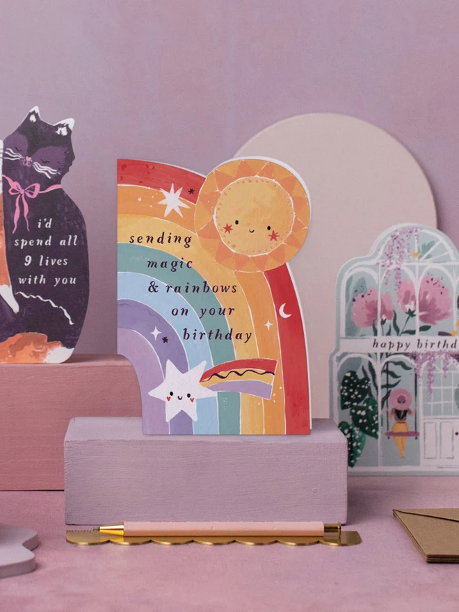 Kids Rainbow Birthday Card styled with other Sister Paper Co greeting cards