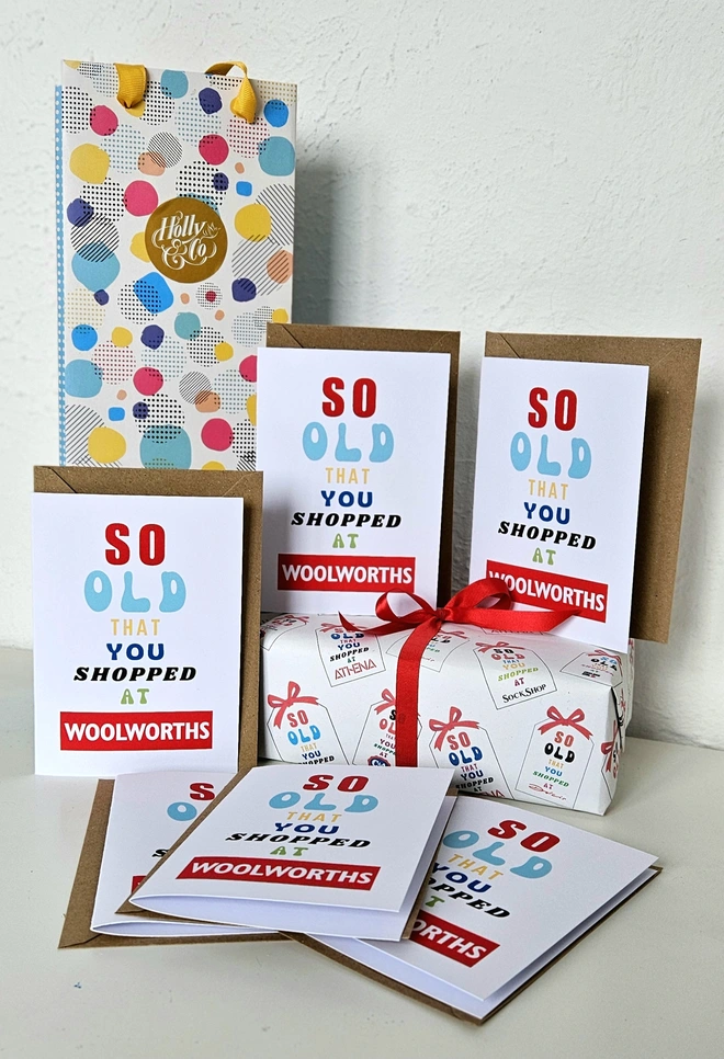 A photograph of 6 cards they say so old that you shopped at Woolworths in coloured typography the Woolworths image looks like the old shop sign