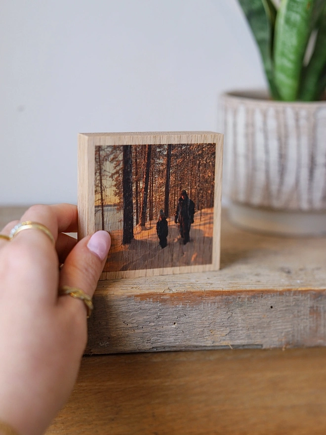 Personalised Mini Wooden Oak Photo Block, a person holding a wooden photo block. 