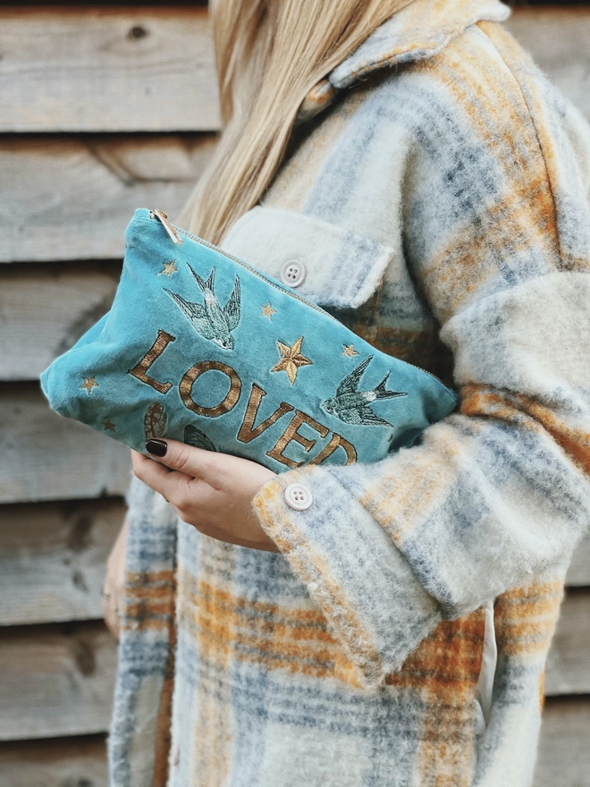 Blue cotton velvet clutch purse