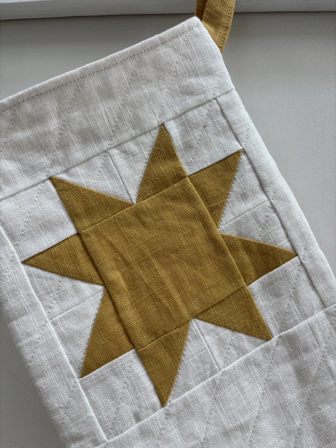 Yellow Linen Star Design On White Linen Quilted Christmas Stocking.