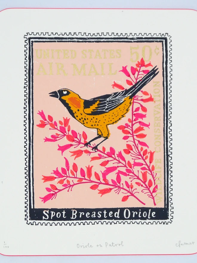 American Stamp/ Oriole Bird Screenprint Oriole On Patrol, a colourful bird design in the centre of a white screenprint. 