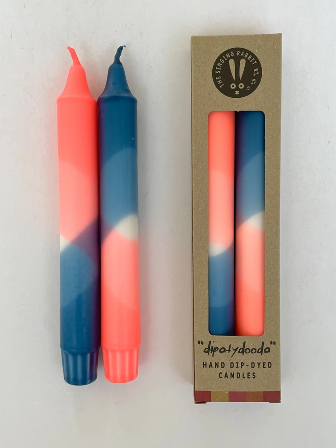 Neon Coral & Teal Dip Dyed Dinner Candles (Set Of 2)