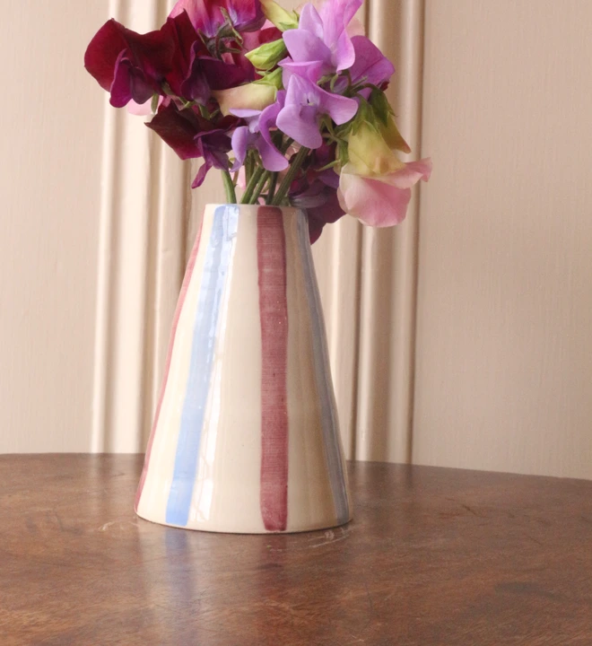 Blue and Burgundy hand painted striped vase