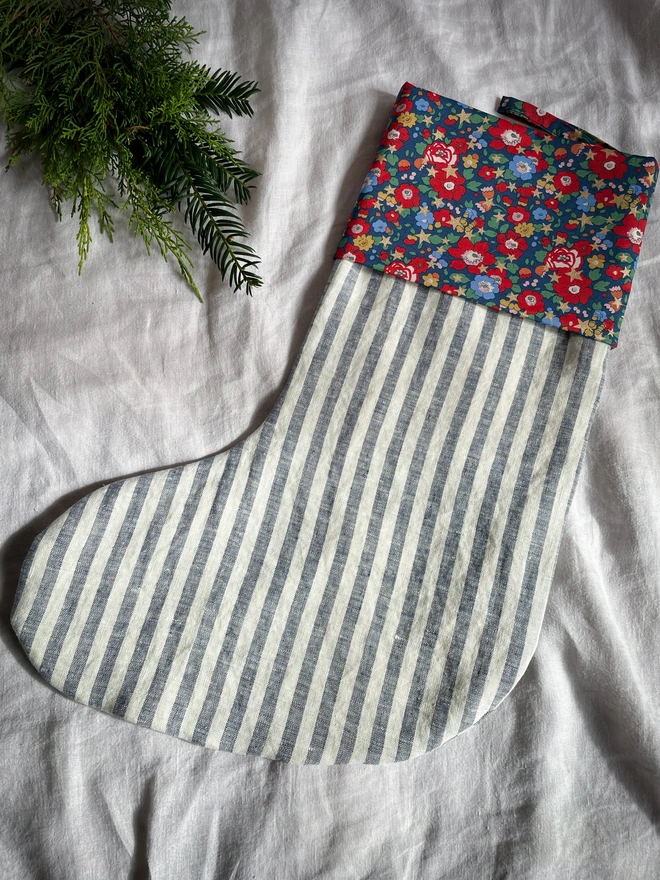 Navy Stripe Linen Stocking with Liberty Print Cuff and Letter