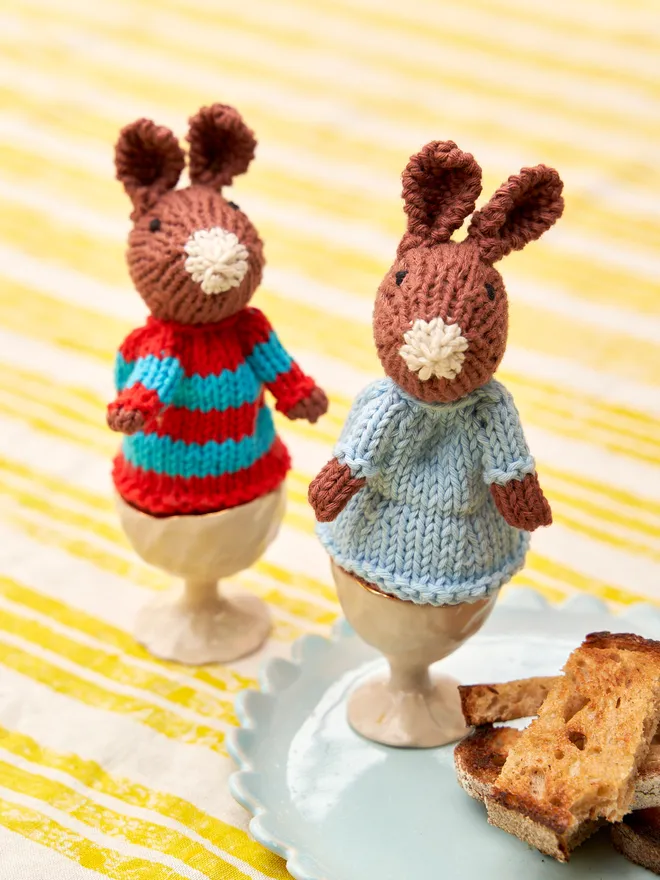 Egg Cosy Rabbits Easter Table Decoration, a pair of colourful Easter cosies sitting on a wooden surface. 