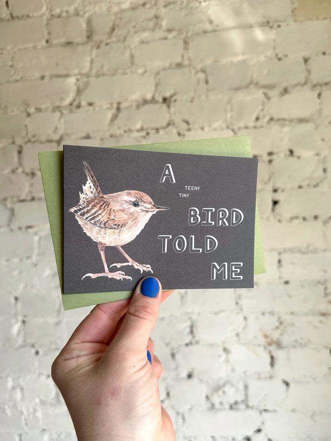 A brown card with an illustration of a wren and the text "a teeny tiny bird told me", with a green envelope