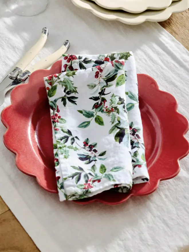 Holly printed linen napkin