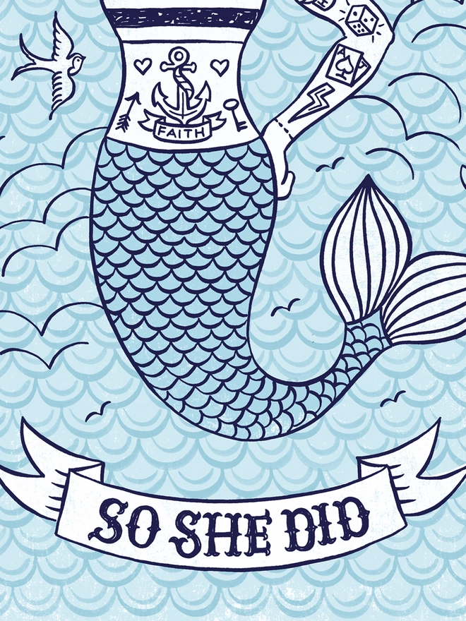 detail of blue and white tattoo mermaid print