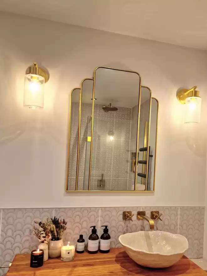 Ceramic bathroom basin, hand-crafted basin, sink, wc, bathroom, ensuite, modern bathroom, photographed against colourful wallpaper with black and gold taps