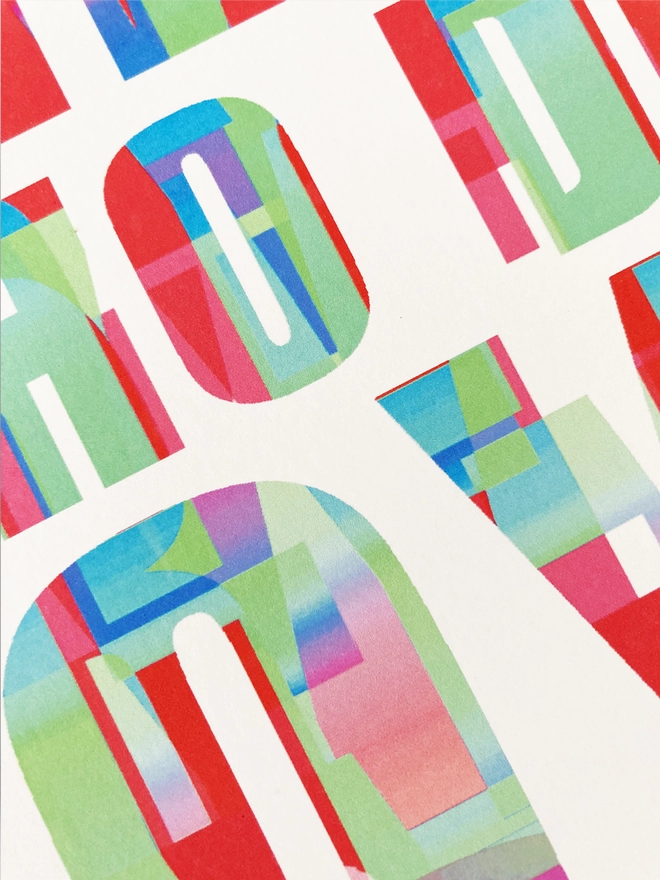 Detail from a multicoloured typographic print of a Blur song lyric from Girls and Boys - “Girls who do boys like they’re girls”.