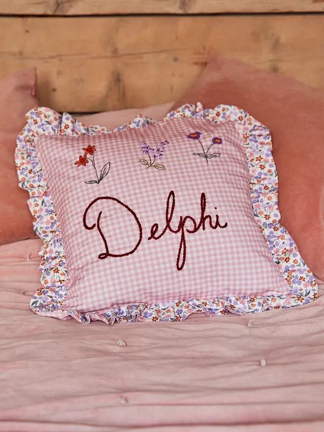 Pink Gingham Cushion With Floral Ruffle Trim